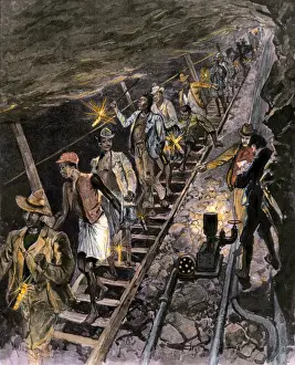 Dutch Prints: Native workers descending into a diamond mine near Johannesburg
