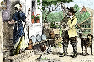 Connecticut Prints: New England colonial couple in farmhouse dooryard