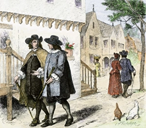Connecticut Prints: New England colonists on a town street