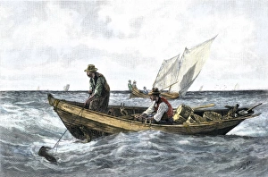North Atlantic cod-fishing in the 1880s Hand-colored woodcut of a 19th-century