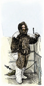 North Pole explorer Robert Edwin Peary in his fur suit and boots