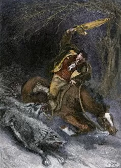 Howard Pyle Gallery: Ohio traveler attacked by wolves, early 1800s