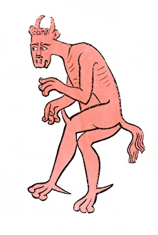 Old English devil. Hand-colored woodcut reproduction of a medieval illustration