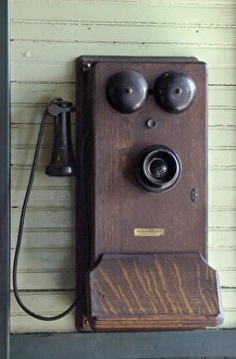 Telecommunications Prints: Old wall-mounted Western Electric telephone in the Soo Line depot