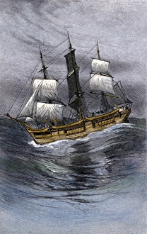 Atlantic Ocean Prints: Old wooden whaling-ship under sail