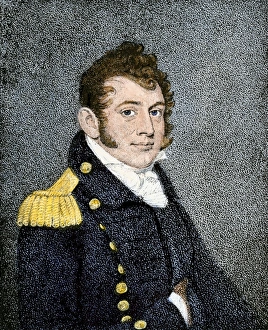 Military History Prints: Oliver Hazard Perry. Hand-colored woodcut of a 19th-century portrait