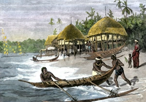 Outrigger canoes at a native village in the Nicobar Islands