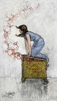 Ancient Greek Prints: Pandora atop the opened box of evils