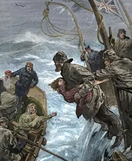 Danger Gallery: Passengers placed in lifeboats from a sinking ship