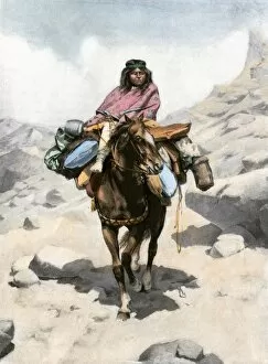 Andes Mountains Gallery: Patagonian woman traveling by horse