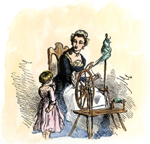 Patriotic American colonial woman spinning to avoid importing British cloth