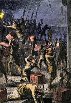 Patriots dressed as Indians destroying tea in Boston harbor
