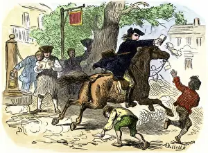 Paul Revere delivering handbills in a New England village for the Sons of