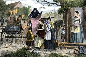 Peddler Prints: Peddler showing his wares to a farm family