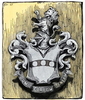 Penn family coat of arms. Hand-colored woodcut of a 19th-century ilustration