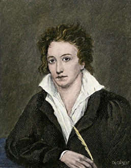 Percy Bysshe Shelley. Hand-colored woodcut from a portrait by Miss Curran