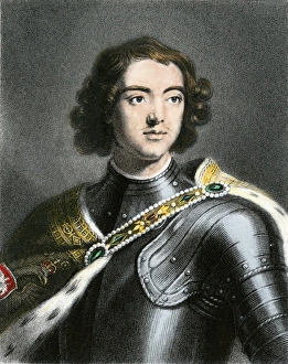 Peter the Great in armor. Hand-colored engraving of a portrait