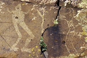 Pre Columbian Prints: Petroglyphs of a plumed serpent (right) and a human figure near Galisteo