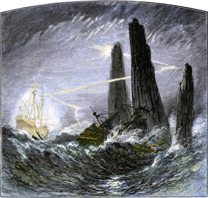 Adventure Travel Prints: Phantom ship luring a sailing vessel to its doom on the rocks