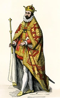 Spain Prints: Philip II, King of Spain. Hand-colored woodcut reproduction of an illustration