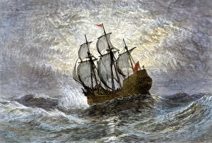 English Colony Collection: Pilgrims ship Mayflower at sea, 1620