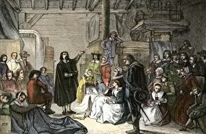 Plymouth Gallery: Pilgrims at Sunday worship, Plymouth Colony