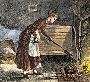 Fire Prints: Pioneer mother cooking with a bake-kettle in the fireplace