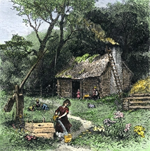 Pioneer Prints: Pioneer woman getting water from a well near her log cabin