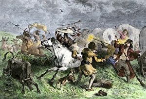 Dakotas Prints: Plains Indians attacking a wagon train of settlers