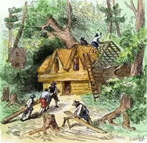 Plymouth Colony Collection: Plymouth colonists building homes