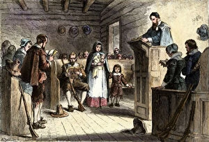 Minister Gallery: Plymouth colonists in church, 1620s