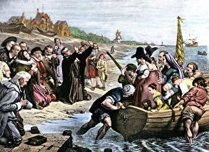 Colonist Gallery: Plymouth colonists embarking on the Mayflower voyage, 1620