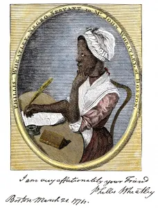 African American Prints: Poet Phyllis Wheatly. Hand-colored woodcut of an 18th-century illustration