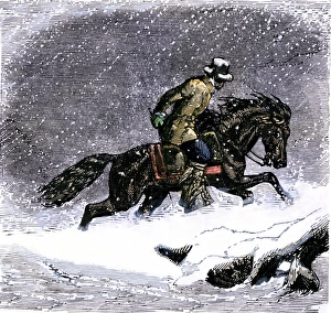 Rockies Prints: Pony Express rider in a snowstorm