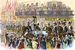 Crowd Prints: President Fillmores parade passing Barnums Museum on Broadway in New York City