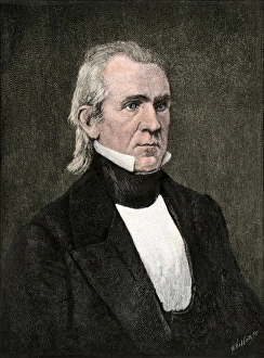 Us President Prints: President James K. Polk. Hand-colored woodcut of a 19th-century portrait