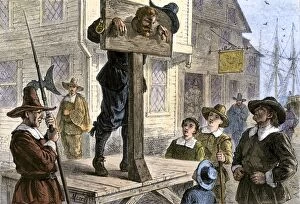 Village Collection: Puritan prisoner in the pillory in New England
