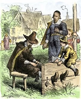 Arrest Gallery: Puritan in the stocks as punishment in Massachusetts, 1600s