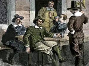 Social Prints: Puritans drinking from pewter mugs in colonial Massachusetts