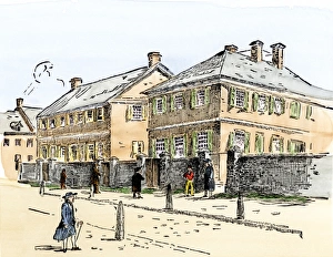 School Prints: Quaker meetinghouse and academy, colonial Philadelphia