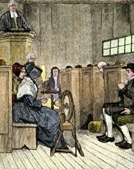 Society Of Friends Gallery: Quaker women spinning in church