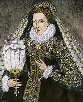 Queen Elizabeth I. Hand-colored woodcut reproduction of a portrait at Penshurst