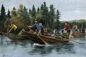 Sports:recreation Gallery: Racing heavy canoes on a northern river, 1800s