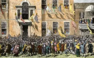 Reading the Declaration of Independence to cheering colonists in Philadelphia