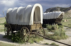 Pioneer Prints: Restored covered wagons (Conestoga wagon at rear)