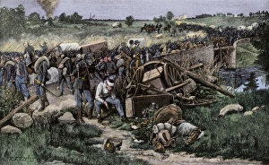 Union Army Prints: Retreat of the Federal army over the stone bridge after the second Battle of