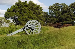 Battle Of Yorktown Prints: Revolutionary War cannon atop a redoubt at Yorktown battlefield