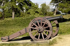 Battle Of Yorktown Prints: Revolutionary War cannon atop a redoubt at Yorktown battlefield