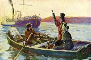 Steamer Gallery: Riverboat passengers taken on board in mid-river