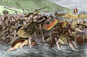 Ancient History Prints: Roman army of Julius Caesar landing in Britain